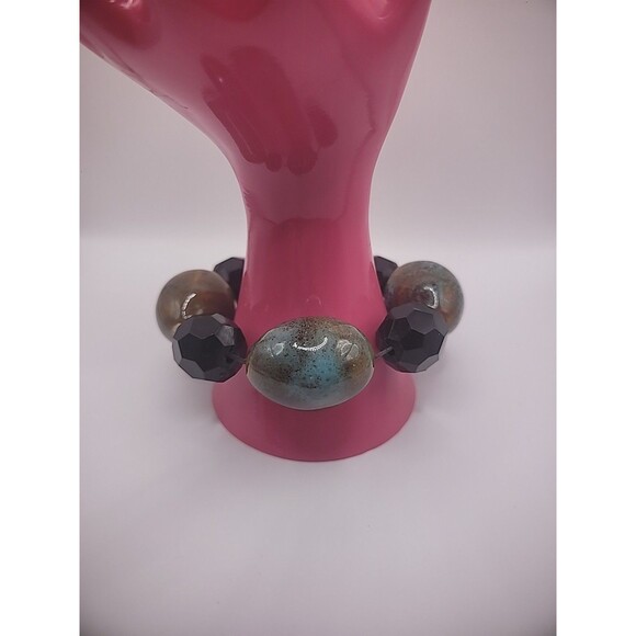 Vintage Bracelet Blue Tan Chalcedony Stone Beaded Black Faceted Stretch - Picture 5 of 10